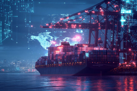 Cargo ship docked at port with holographic world map for global logistics concept