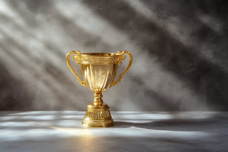 Elegant first place trophy with light rays effect on dark gray background for award conceptの写真素材