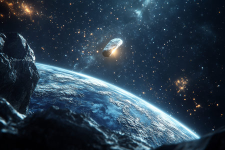 A meteorite plummets towards earth against a starry sky with a vibrant blue planet in view