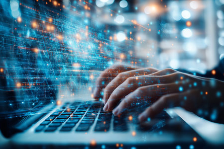 Double exposure of hands typing on laptop in data center with technology network background