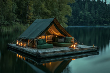 Romantic lakeside retreat a cozy tent on a raft surrounded by forest and comforting sofasの写真素材