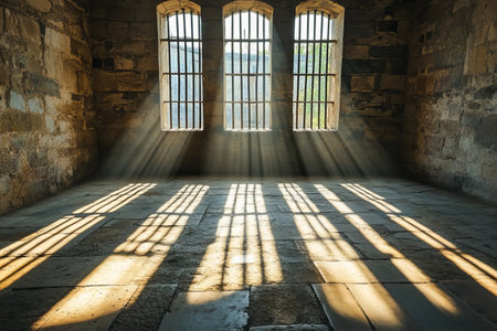 Sunlight filters through a historic prison cell, casting shadows on the stone floorの写真素材