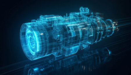 Holographic electric engine projection with detailed wireframe and glowing blue components