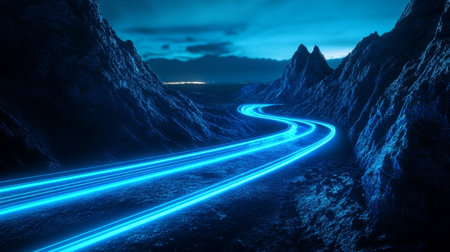 Nighttime photography of illuminated blue road lines on a mountainous landscape in 3d renderの写真素材