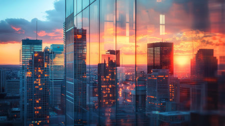 Sunset Reflected In Modern Cityscape, Glass Office Buildings Glowing, Vibrant Urban Scene