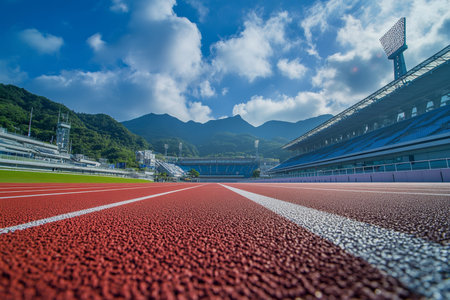 Vibrant olympic track and field scene with red lines and blurry stadium under a blue sky