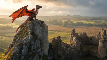 Majestic dragon overlooking a fantasy landscape from an ancient castle in stunning detailの写真素材