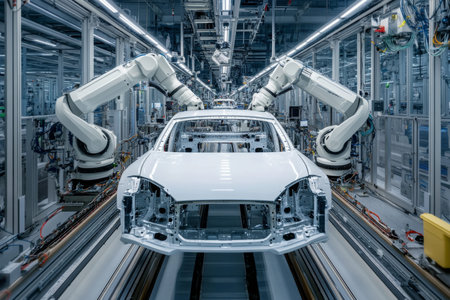A white car under construction on a high tech assembly line with robotic arms installing components