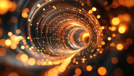 Abstract futuristic tunnel render with bokeh lights in glowing golden and orange huesの写真素材