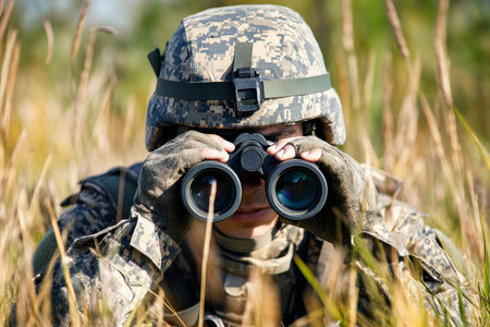 Soldier in camouflage scanning for enemies with binoculars in grassy field outdoor military focusの写真素材