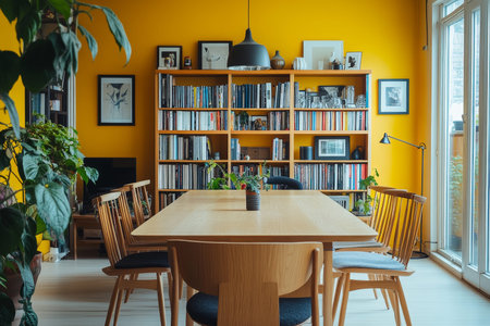 Elegant scandinavian dining space featuring light wood, yellow walls, and stylish bookcase backdrop