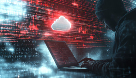 Person with laptop displaying holographic cloud storage and data flow in cyber security theme