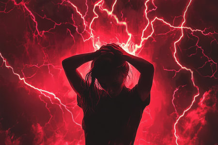 A distressed woman surrounded by lightning bolts in minimalistic vector art designの写真素材
