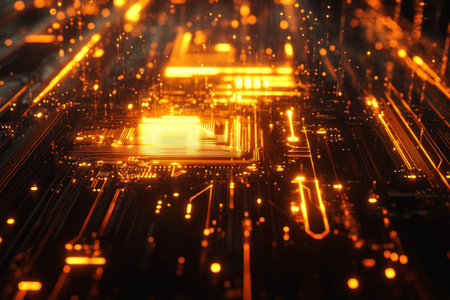 3d render of a glowing computer chip on a black background with circuit design, symbolizing tech.