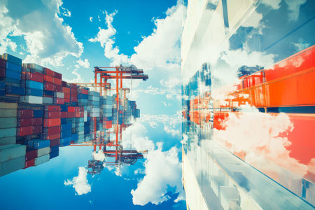 Aerial perspective of a container ship in action at a vibrant cargo port on a sunny day