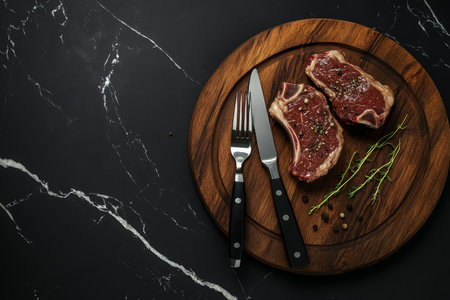 Top view of juicy beef steaks on wooden board with fork and knife against black marble backdropの写真素材