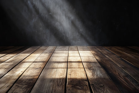 Sunlight streaming through window on wooden floor creates ideal product presentation backgroundの写真素材