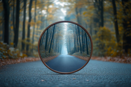Surreal round wooden mirror reflecting a blurred forest on an asphalt road with rich colorsの写真素材