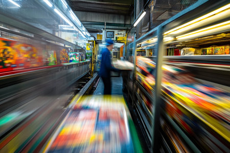 Dynamic newspaper printing plant with worker preparing colorful comic books and magazines