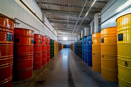 Vibrant oil barrels in a spacious modern warehouse bathed in daylight and bright colorsの写真素材