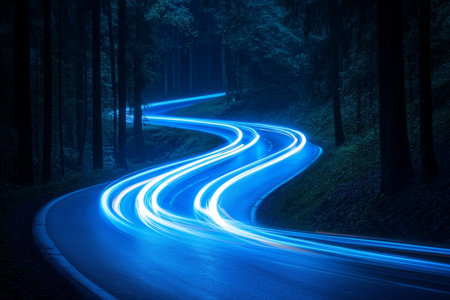 Stunning long exposure blue light trails on forest road at night, symbolizing speed and motion