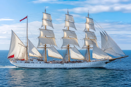 Elegant white sailing ship with burgundy flags under bright sky and vibrant blue ocean background