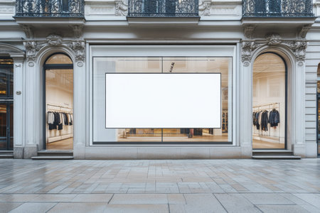 Blank white billboard display at luxury fashion store entrance outdoor mockup photography