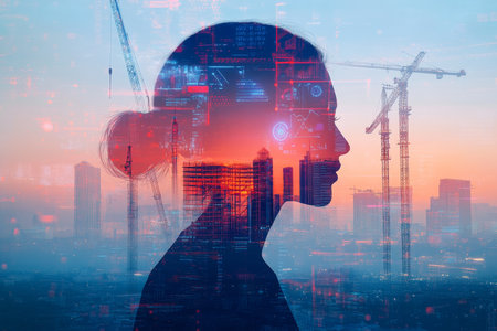 Double exposure of digital identity with futuristic cityscape and construction under blue skyの写真素材