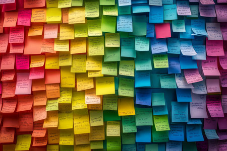 Colorful sticky notes on wall for brainstorming and project management with ample copy space