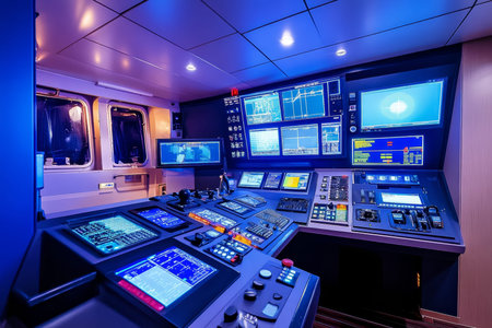 Futuristic control room featuring advanced displays and controls for naval engineering innovation