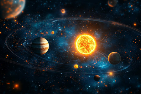 Abstract 3d solar system rendering with fire and ice elements in dark blue and orange palette