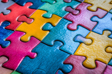 Colorful abstract puzzle pieces symbolizing happiness and wisdom in fine art photography projectの写真素材
