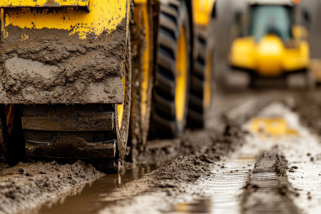 Close up of yellow tractors and wheel tracks at road construction site with blurred background