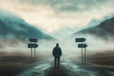 A contemplative man at a crossroads surrounded by foggy mountains and an overcast sky