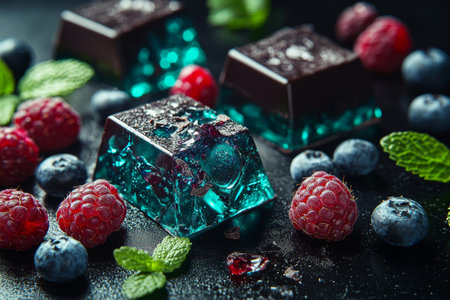 Close up of dark chocolate, fresh berries, and mint on dark background with design spaceの写真素材