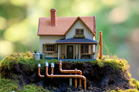 Miniature eco friendly home with underground pipes showcasing sustainable energy solutionsの写真素材