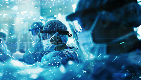 Emergency medical procedure doctors and nurses in action with ecg monitor displaying vital signsの写真素材