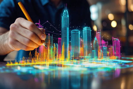 Businessman illustrating a vibrant cityscape with a digital pencil in a blurred office settingの写真素材