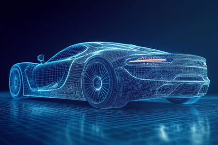 Highly detailed 3d wireframe of a sports car on dark blue background with fine surface featuresの写真素材