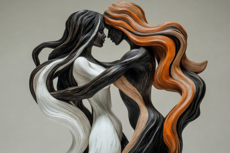 Abstract wood sculpture of two tango dancers with flowing hair and polished skin in graceful harmonyのeditorial素材