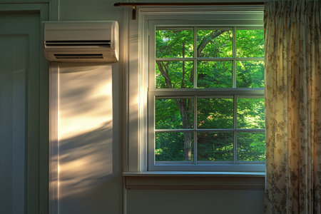 Cozy living room with air conditioner, window, and sunlight filtering through green treesの写真素材