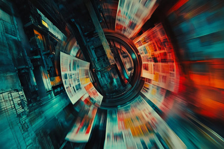Close up of a vibrant newspaper printing press with colorful papers moving through the machine