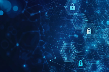 Futuristic cybersecurity banner featuring locks and abstract shapes on a blue digital background
