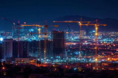 Aerial night view of phoenix city skyline with illuminated buildings and construction cranes