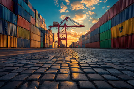 Vibrant container yard with stacked shipping containers and cargo crane under golden hour skyの写真素材