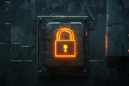 3d visualization of cybersecurity with a glowing padlock on a dark background for data protection