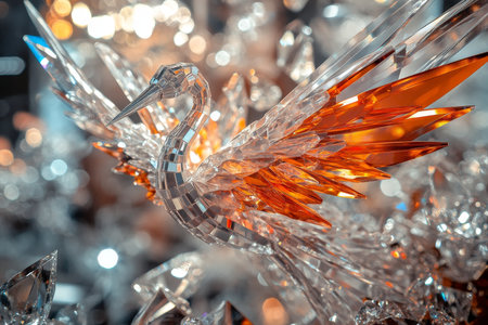 A translucent crystal origami crane in vibrant orange and silver above a sparkling crystal displayの写真素材