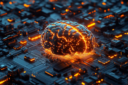 Aerial view of a glowing brain in a futuristic cyberpunk city with circuit board designの写真素材