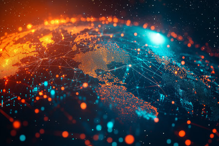 Abstract world map with global network connections and data transfer for digital marketing conceptsの写真素材