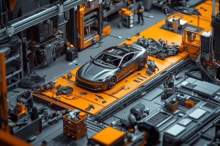 Dynamic car assembly line scene showcasing workers, tools, and modern industrial architecture